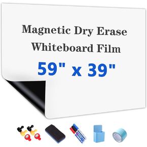 Magnetic White Board Film, 59" x 39" Dry Erase Board for Wall, Self Adhesive Whiteboard Paper Set for Office, Conference Room, Classroom, Home, Include Marker, Magnetic Eraser and Magnets