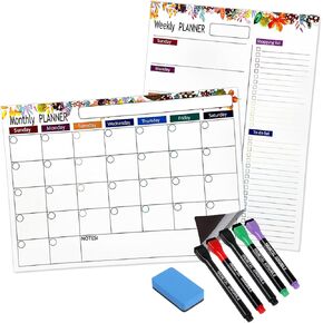 Magnetic Dry/Wet Erase Monthly Calendar &Weekly Planner "16.7x12"for Refrigerator/Fridge,2 Boards Included,Monthly Weekly Planner or Menu Meal Board for Family&Adult,1Eraser&5Marker