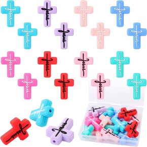 LIYDE 16 Pcs Religion Silicone Beads for Jewelry Making Jesus Faith Silicone Beads Bulk for Pens Silicone Beads with Box Cross Shaped Spacer Loose Beads for DIY Crafts Bracelets Making