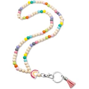 Teacher Lanyard Beaded, Womens Lanyards for Id Badges for Women Cute Beaded Badge Lanyards Key Work Boho Pretty Lanyards (Wood Rainbow Bead)