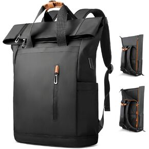 Roll-Top Laptop Backpack for 15.6" Laptop, 28L Capacity with USB Port, Expandable & Waterproof, Urban Style for Men & Women, Ideal for Work, University, Travel, and Shopping (Black)