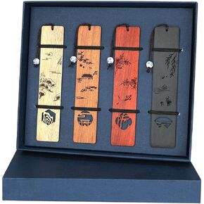 Wood Bookmark for Men Women Book Lovers, 4 Pcs Personalized Vintage Beaded Book Marks for Reading, Handmade Natural Wooden Carving Bookmark Box Set Gift for Birthday Graduation Teacher Appreciation