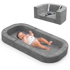 2 in 1 Portable Toddler Travel Bed and Sofa- Foldable Travel Crib for Children 3 – 6yr Old, Kids Floor Cot,Toddler Floor Bed for Baby, Size L, Grey