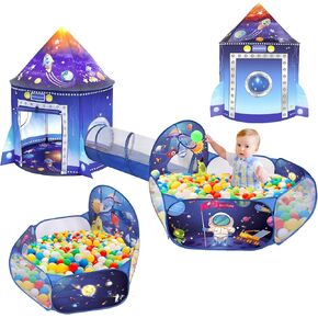 3 in 1 Rocket Ship Play Tent with Ball Pit Tunnel for Kid Astronaut Space 3PC Playhouse Indoor Outdoor Foldable Pop Up Tent Set Bluey Toddler Toys for Boy Girl Baby Child Birthday Party