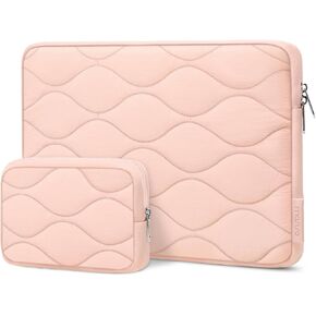 MOSISO 360 Protective Laptop Sleeve 13-13.3 inch, Compatible with MacBook Air/Pro 13 inch, Compatible with MacBook Pro 14, Symmetrical Wave Quilted Puffy Shockproof Computer Bag with Small Case, Pink