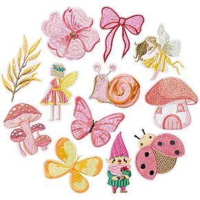 12Pcs Fairy Iron on Patches Woodland Garden Wing Angel Sew on Repair Embroidered Applique Enchanted Forest Nature Goblin Butterfly Mushroom Fairycore DIY Crafts Gifts for Clothes Backpack Hat