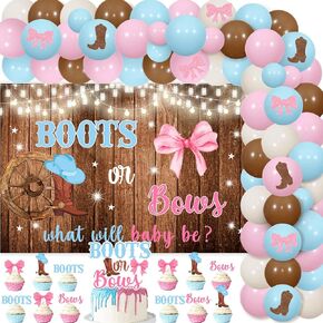 Boots or Bows Gender Reveal Decorations, Balloons Arch Kit What Will Baby Be He or She Backdrop Cake Cupcake Toppers Stickers for Western Cowgirl Gender Reveal Decorations
