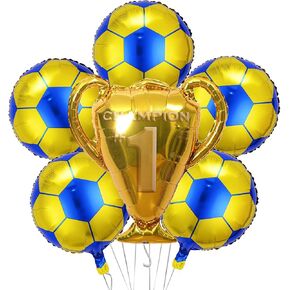 6Pcs Soccer Party Balloons Set, Championship Trophy Balloon and Yellow Blue Soccer Foil Balloons for Birthday Baby Shower Wedding Anniversary Soccer Themed Party Decoration Supplie