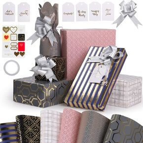 GeeRic 6 Pack Gift Wrapping Papers, 28 ∗ 20 Inch Gift Paper Wrapping Bundle, Kraft Recycled Wrapping Paper with Sealing Label+Tape+Tags+Bow, Golden Stripes in Kuwait