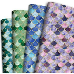Dtiafu Mermaid Wrapping Paper 12 Pc Girls Birthday Mermaid Glitter Metallic Pattern Gift Wrap for Women Weddings Graduation Anniversaries Party 19.6 X 27.8 Inch