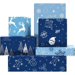 Blue Christmas Wrapping Paper for Boys Girls Kids, Snowman Snowflakes Xmas Tree Deer Gift Wrap Paper 6 Sheets Folded Flat 20x28 inches per Sheet for New Year Xmas Winter Holiday