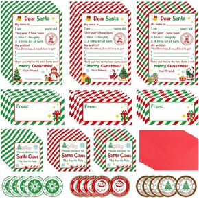 Letter to Santa Christmas Wish List Writing Kit 8 Sets Fill In The Blank Cards 5 x 7 Inch With Red Envelopes/Stickers/Seals/Name Tag/Address Labels for Family Party Favors Christmas Decoration Gifts