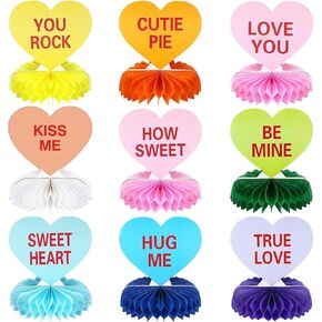 9 Pcs Valentines Honeycomb Centerpiece 3D Paper Candy Heart Valentines Day Centerpiece for Table Conversation Hearts Decorations Valentines Day Party Table Decorations for Office Home