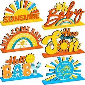 6 Pcs Here Comes The Son Baby Shower Decorations Retro Boho Party Centerpiece for Table Toppers Wooden Sunshine Baby Shower Decorations for Home Office Desk Tier Tray Decor Party Supplies