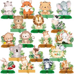 Tinlade 18 Pcs Jungle Animals Honeycomb Centerpieces Safari Baby Shower Table Decorations for Boy Jungle Theme Birthday Party Supplies Safari Wild Animals Party Decorations for Boy Girl