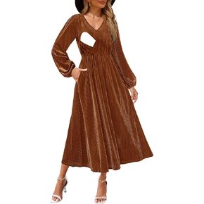 Women's Nursing Long Sleeve V Neck Velvet Maxi Dress Flowy Wedding Party Dresses with Pockets