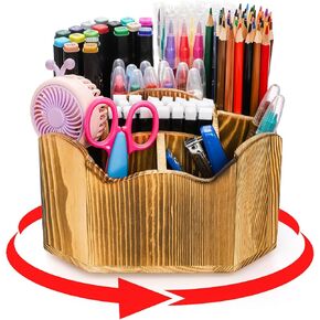 Okllen Wood Pen Holder Organizer, Large 360 Degree Rotating Desk Organizer Art Supply Organizer, Pencil Crayon Holder Art Caddy with 6 Compartments