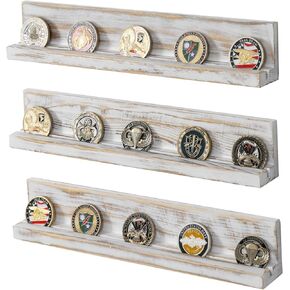 MyGift Wall Mounted Rustic Dark Burnt Wood Military Challenge Coin Display Holder and Coin Collection Ledge Shelf Rack, Set of 3