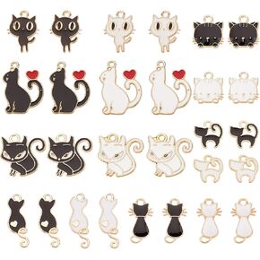 SUNNYCLUE 1 Box 28Pcs 14 Styles Cat Charms Cat Enamel Charms Cute Animal Charm Heart Lovely Kitten Charm Enamel Cat Charm for Jewelry Making Charms DIY Bracelet Necklace Craft Women Adult Black White
