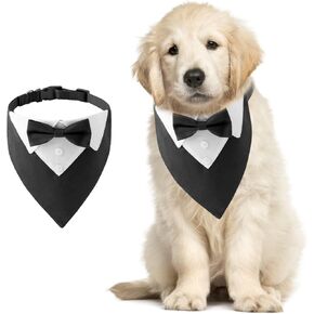 Formal Dog Tuxedo Bandana, 1 PCS Dog Tuxedo Cotton Bandana Dog Wedding Collar with Bow Tie and Neck Tie Adjustable Black Pet Costume Bowtie Neckerchief for Large and Oversized Dogs, L