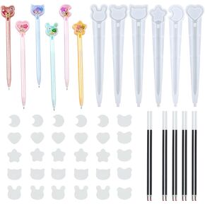 46 Pieces Ballpoint Pen Resin Molds Silicone Ball Point Pen Molds for Epoxy Resin Shaker Mold, Crescent Moon Star Heart Bear Cat Shape Casting Mould for DIY Craft Pen Mold+ 10 Refills (46)