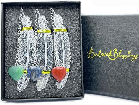 Metal Feather Bookmarks with Genuine Heart Gemstones, Set of 3 (Sodalite, Green Aventurine, Red Jasper) in Saudi Arabia