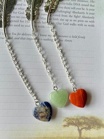 Metal Feather Bookmarks with Genuine Heart Gemstones, Set of 3 (Sodalite, Green Aventurine, Red Jasper) in Saudi Arabia