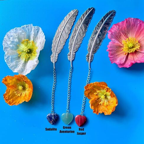 Metal Feather Bookmarks with Genuine Heart Gemstones, Set of 3 (Sodalite, Green Aventurine, Red Jasper) in Saudi Arabia