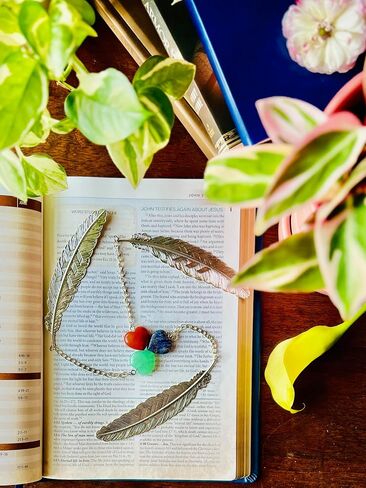 Metal Feather Bookmarks with Genuine Heart Gemstones, Set of 3 (Sodalite, Green Aventurine, Red Jasper) in Saudi Arabia