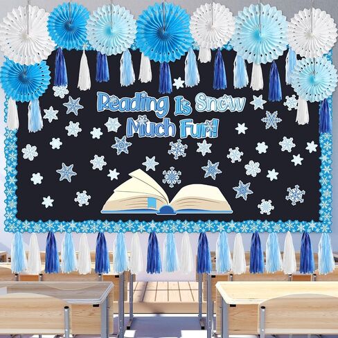 Frienda 99 Pieces 3D Snowflake Bulletin Board Decorations with Paper Fan Tassels Winter Reading is Snow Much Fun Snowflake Cutouts Classroom Decor for Winter Christmas School Party Supplies Home in Saudi Arabia