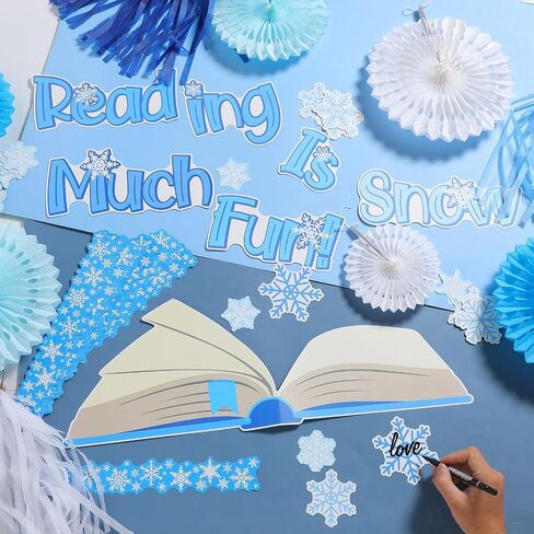 Frienda 99 Pieces 3D Snowflake Bulletin Board Decorations with Paper Fan Tassels Winter Reading is Snow Much Fun Snowflake Cutouts Classroom Decor for Winter Christmas School Party Supplies Home in Saudi Arabia