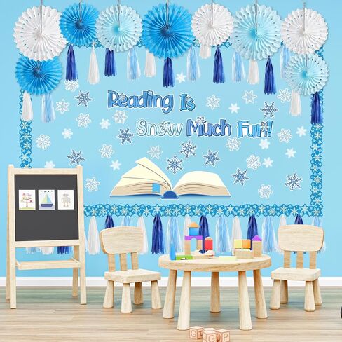 Frienda 99 Pieces 3D Snowflake Bulletin Board Decorations with Paper Fan Tassels Winter Reading is Snow Much Fun Snowflake Cutouts Classroom Decor for Winter Christmas School Party Supplies Home in Saudi Arabia