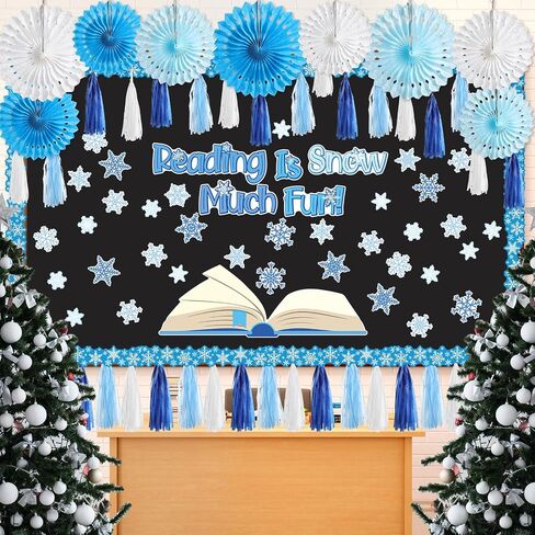 Frienda 99 Pieces 3D Snowflake Bulletin Board Decorations with Paper Fan Tassels Winter Reading is Snow Much Fun Snowflake Cutouts Classroom Decor for Winter Christmas School Party Supplies Home in Saudi Arabia