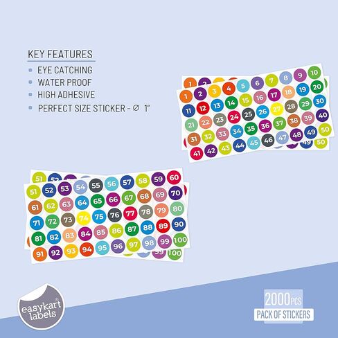 ملصقات easykart 2400 قطعة من ملصقات الأرقام المتتالية 48 ورقة 1-100 ملصقات ملونة مربعة 1 بوصة ملصقات أرقام فينيل ذاتية اللصق للمدرسة، المكتب، الفصل الدراسي، المخزون، التخزين، الصناديق، 6 ألوان in Kuwait