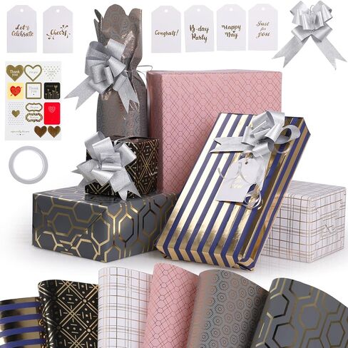 GeeRic 6 Pack Gift Wrapping Papers, 28 ∗ 20 Inch Gift Paper Wrapping Bundle, Kraft Recycled Wrapping Paper with Sealing Label+Tape+Tags+Bow, Golden Stripes in Kuwait