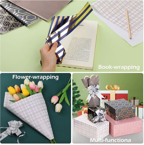 GeeRic 6 Pack Gift Wrapping Papers, 28 ∗ 20 Inch Gift Paper Wrapping Bundle, Kraft Recycled Wrapping Paper with Sealing Label+Tape+Tags+Bow, Golden Stripes in Kuwait