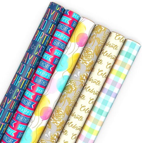 Hallmark Birthday Wrapping Paper Rolls for Wedding, Baby Shower, Easter, All Occasion - Flowers, Balloons, Pastel Plaid Gift Wrap Paper (Set of Assorted 6 Rolls: 180 sq. ft. ttl.) in Saudi Arabia
