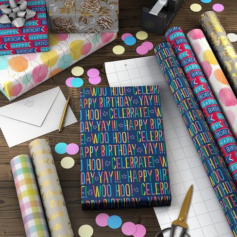 Hallmark Birthday Wrapping Paper Rolls for Wedding, Baby Shower, Easter, All Occasion - Flowers, Balloons, Pastel Plaid Gift Wrap Paper (Set of Assorted 6 Rolls: 180 sq. ft. ttl.) in Saudi Arabia