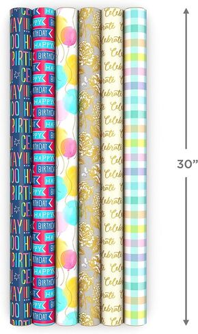 Hallmark Birthday Wrapping Paper Rolls for Wedding, Baby Shower, Easter, All Occasion - Flowers, Balloons, Pastel Plaid Gift Wrap Paper (Set of Assorted 6 Rolls: 180 sq. ft. ttl.) in Saudi Arabia