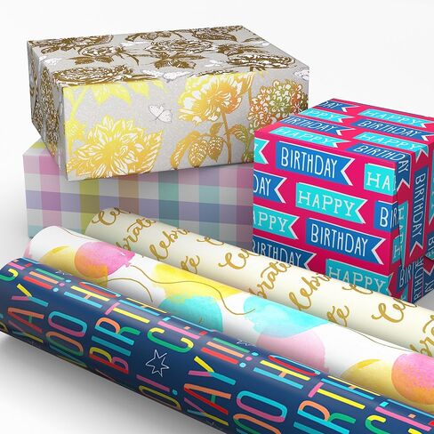Hallmark Birthday Wrapping Paper Rolls for Wedding, Baby Shower, Easter, All Occasion - Flowers, Balloons, Pastel Plaid Gift Wrap Paper (Set of Assorted 6 Rolls: 180 sq. ft. ttl.) in Saudi Arabia