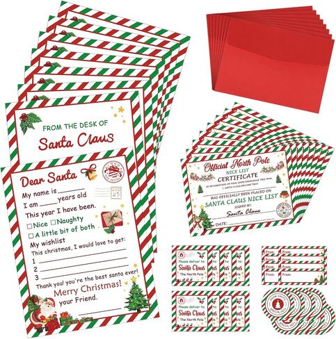 Letter to Santa Christmas Wish List Writing Kit 8 Sets Fill In The Blank Cards 5 x 7 Inch With Red Envelopes/Stickers/Seals/Name Tag/Address Labels for Family Party Favors Christmas Decoration Gifts in Kuwait