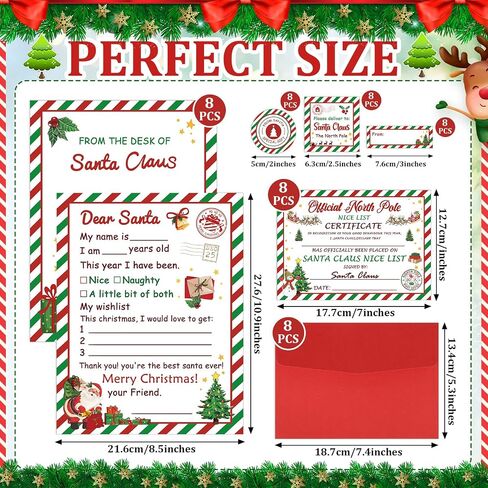 Letter to Santa Christmas Wish List Writing Kit 8 Sets Fill In The Blank Cards 5 x 7 Inch With Red Envelopes/Stickers/Seals/Name Tag/Address Labels for Family Party Favors Christmas Decoration Gifts in Kuwait
