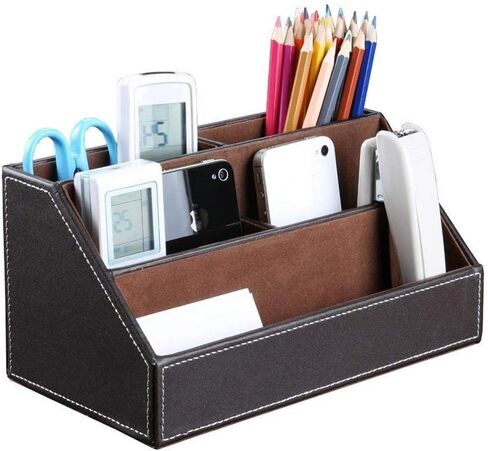 Brown PU Leather Remote Controller Holder TV Guide CD DVD Controller Organizer Desk Caddy Stationery Organizer Caddy Stationery Holder (L:9.45 x W:5.3 x H:4.3/1.6 inches, Brown) in Saudi Arabia
