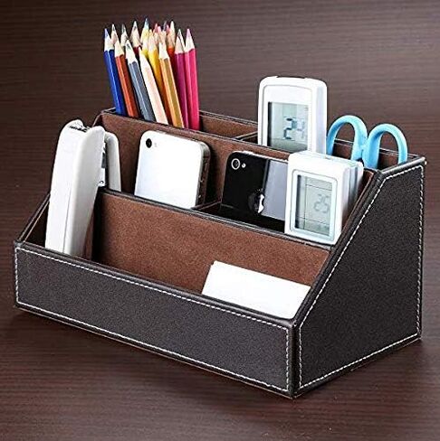 Brown PU Leather Remote Controller Holder TV Guide CD DVD Controller Organizer Desk Caddy Stationery Organizer Caddy Stationery Holder (L:9.45 x W:5.3 x H:4.3/1.6 inches, Brown) in Saudi Arabia