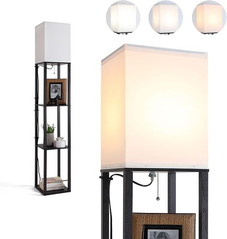 Floor Lamp with Shelves, Shelf Floor Lamps for Living Room with 2 USB Charging Ports 1 Power Outlet and Drawer, Modern Corner Square Display Standing Lamp 4-Tier Tall Bookshelf Lamp for Bedroom in Saudi Arabia