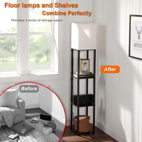 Floor Lamp with Shelves, Shelf Floor Lamps for Living Room with 2 USB Charging Ports 1 Power Outlet and Drawer, Modern Corner Square Display Standing Lamp 4-Tier Tall Bookshelf Lamp for Bedroom in Saudi Arabia