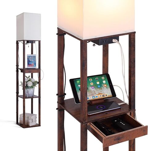 Floor Lamp with Shelves, Shelf Floor Lamps for Living Room with 2 USB Charging Ports 1 Power Outlet and Drawer, Modern Corner Square Display Standing Lamp 4-Tier Tall Bookshelf Lamp for Bedroom in Saudi Arabia