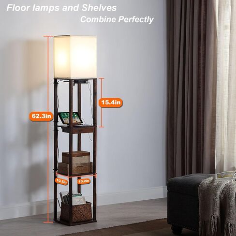 Floor Lamp with Shelves, Shelf Floor Lamps for Living Room with 2 USB Charging Ports 1 Power Outlet and Drawer, Modern Corner Square Display Standing Lamp 4-Tier Tall Bookshelf Lamp for Bedroom in Saudi Arabia