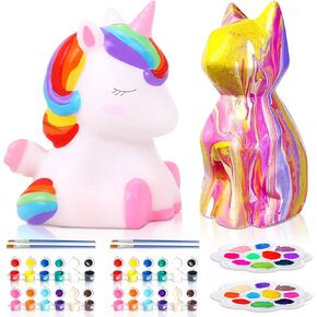 Paint Your Own Lamp Kit Unicorn and Cat 2 PCS: Unicorn Crafts for Girls Ages 4-6 6-8, Cat Craft Painting for Kids Ages 8-12 Art Kit Birthday Gift for Teens 4 5 6 7 8 9 10+