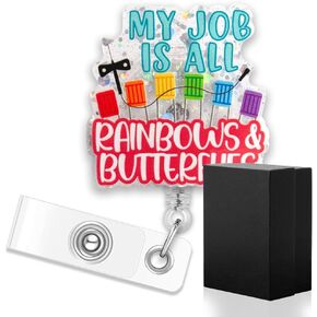 ERHACHAIJIA My Job is All Rainbows & Butterflies Retractable Silver Glitter Badge Reel with Clip, Funny Phlebotomy Tech Blood Draw ID Card Badge Holder Gift for Nurses Doctors Lab Tech Phlebotomist